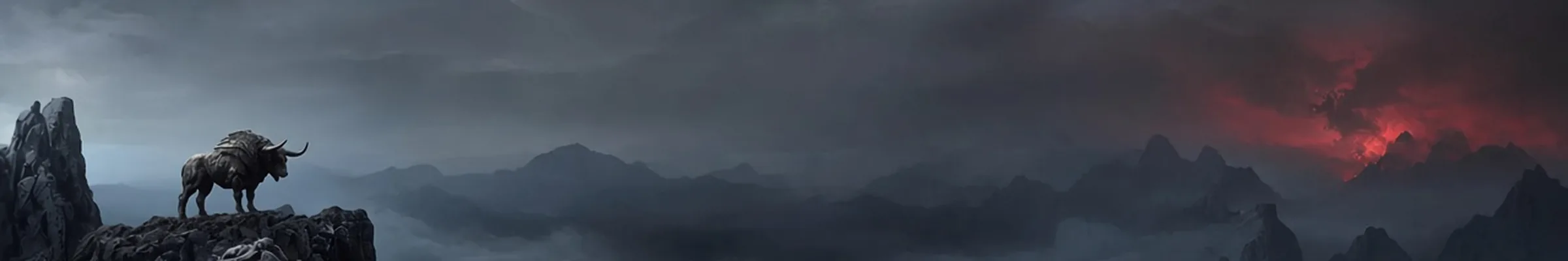 Mechanical bull on a cliff above a dark mountain valley