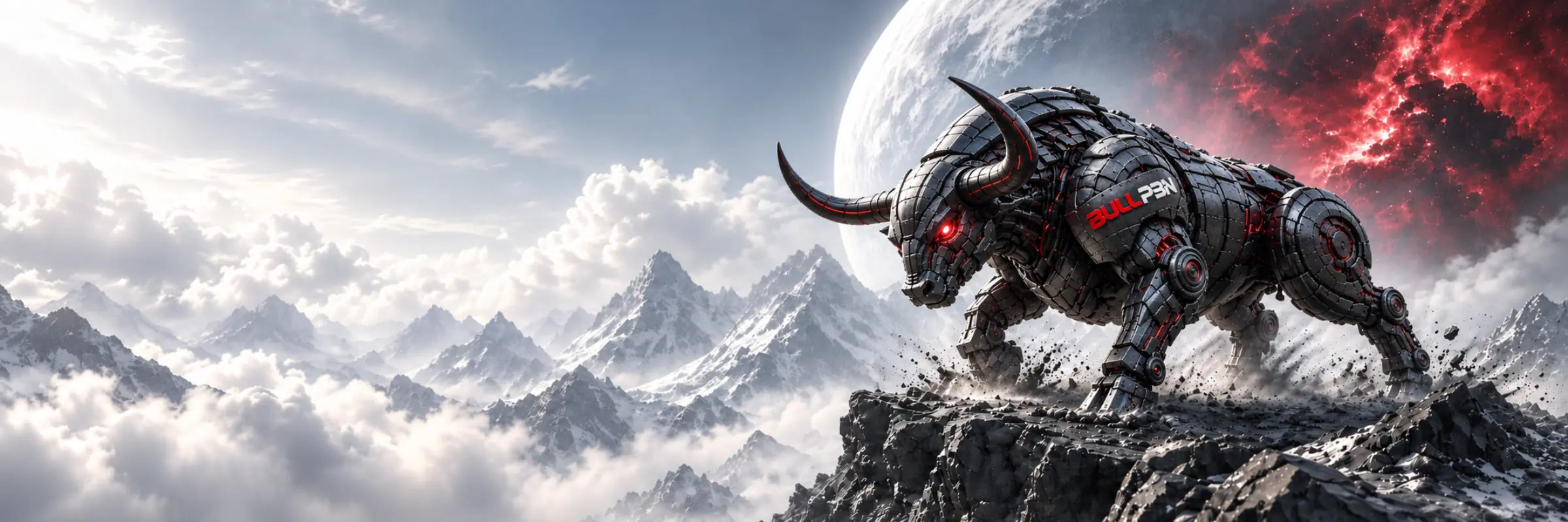 Futuristic mechanical bull guardian on a mountain ridge beneath a pale planet