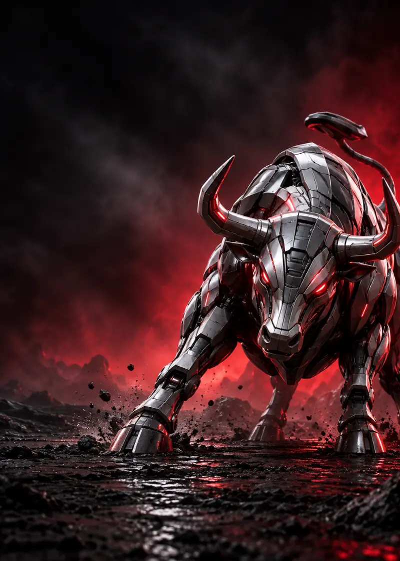 Silver mechanical bull guardian with red accent lighting